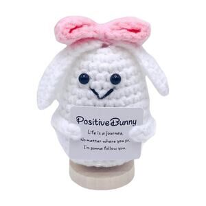 Crochet Positive Bunny Plush Toy – Inspirational Message, White & Pink